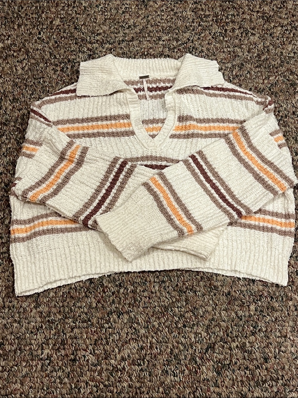 Free People Cream Striped V-Neck Sweater with Brown and Orange Accents